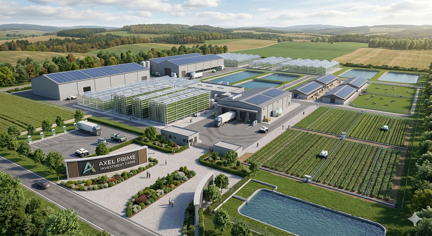 Artistic impression of the future Axel Prime Investment Farm in Morulem, Abim District, Northern Uganda — showing greenhouses, solar panels, aquaculture ponds, and integrated agribusiness infrastructure